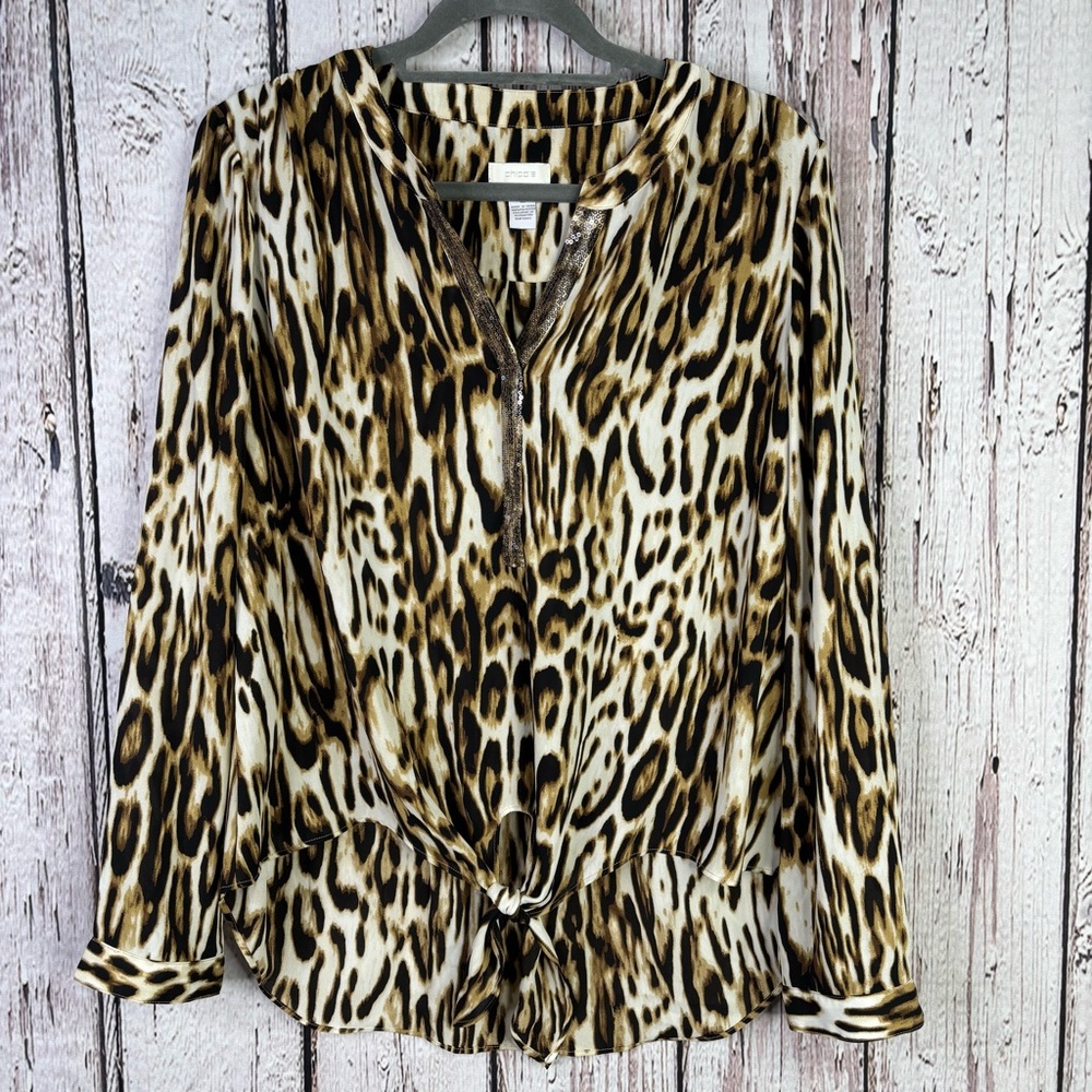 Chico’s 2 Large Leopard Print Tie Front Blouse Sequined Neckline Hi-Lo Hemline